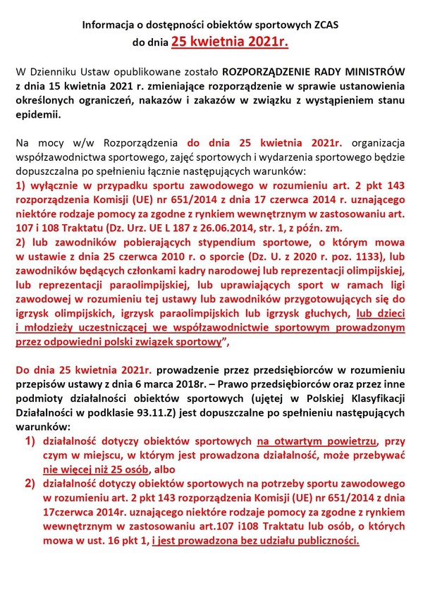 Dostępność obiektów sportowych ZCAS do 25.04.2021r.