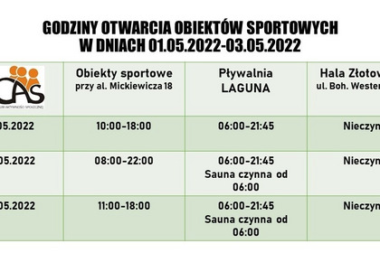 Godziny otwarcia obiektów w dniach 01-03.05.2022