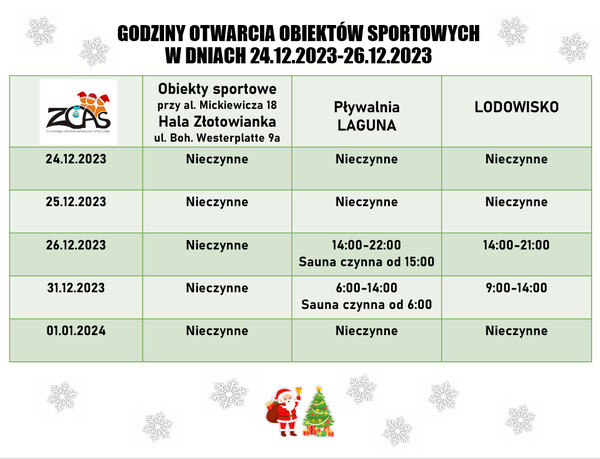 Godziny otwarcia obiektów sportowych w okresie świąt. 