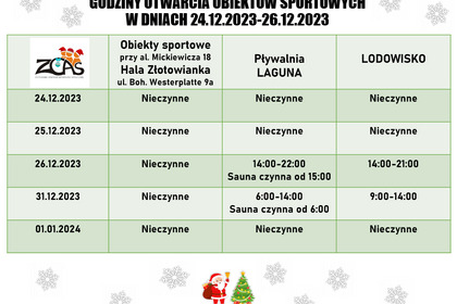 Godziny otwarcia obiektów sportowych w okresie świąt. 